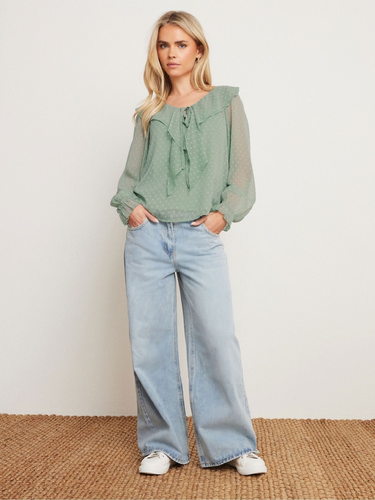 PixieGirl Petite Green Dobby Frill Long Sleeve Blouse - Image 3 of 5