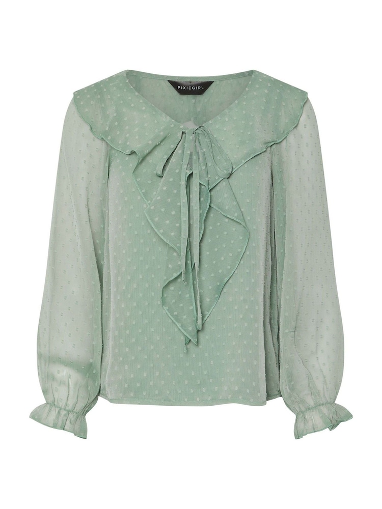 PixieGirl Petite Green Dobby Frill Long Sleeve Blouse - Image 5 of 5