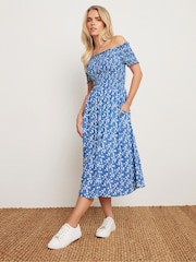 PixieGirl Petite Blue Ditsy Bardot Midi Dress - Image 1 of 5