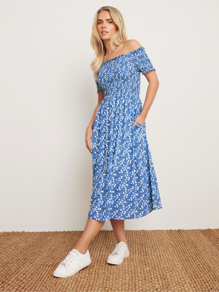 PixieGirl Petite Blue Ditsy Bardot Midi Dress - Image 1 of 5