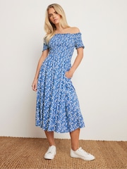 PixieGirl Petite Blue Ditsy Bardot Midi Dress - Image 2 of 5