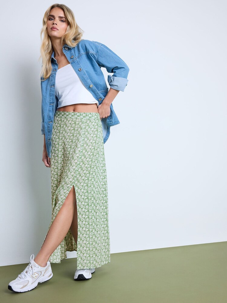 PixieGirl Petite Green Floral A Line Split Maxi Skirt - Image 1 of 6 PixieGirl Petite Green Floral A Line Split Maxi Skirt - Image 1 of 6