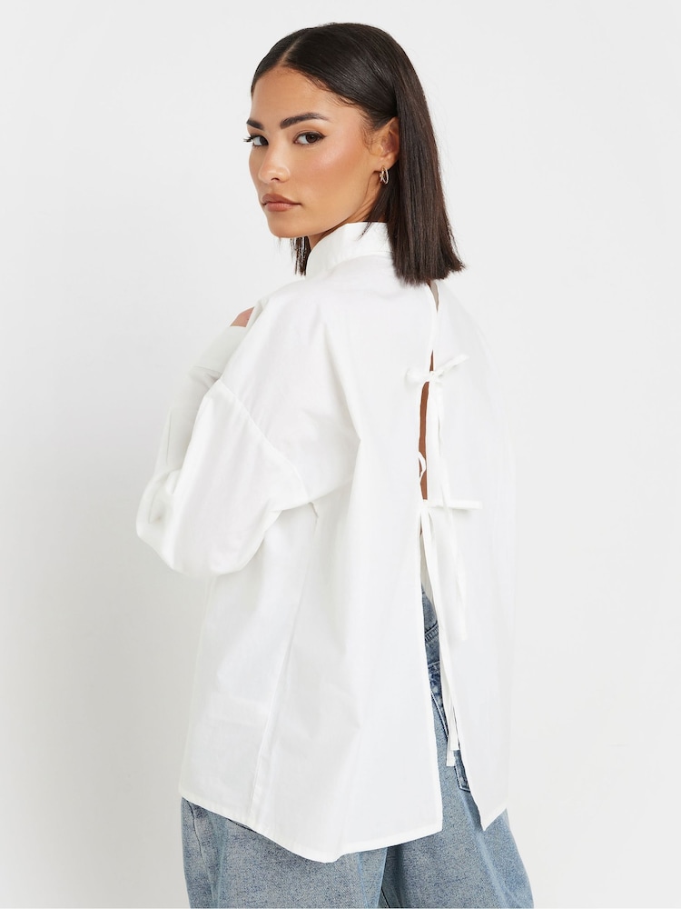 PixieGirl Petite White Tie Back Long Sleeve 100% Cotton Shirt - Image 4 of 6