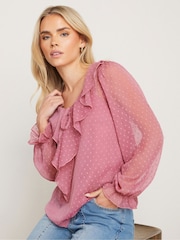 PixieGirl Petite Pink Dobby Frill Long Sleeve Blouse - Image 1 of 5