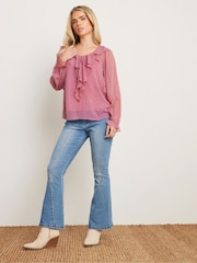 PixieGirl Petite Pink Dobby Frill Long Sleeve Blouse - Image 2 of 5