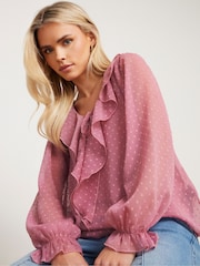 PixieGirl Petite Pink Dobby Frill Long Sleeve Blouse - Image 4 of 5
