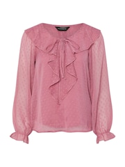 PixieGirl Petite Pink Dobby Frill Long Sleeve Blouse - Image 5 of 5