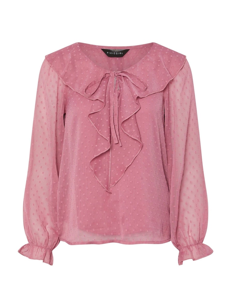 PixieGirl Petite Pink Dobby Frill Long Sleeve Blouse - Image 5 of 5