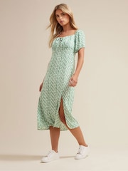 PixieGirl Petite Green Floral Tie Front Midi Dress - Image 1 of 6