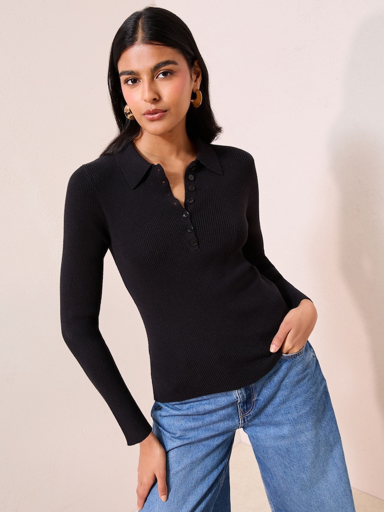 Friends Like These Black Henley Button Detail Knitted Top - Image 1 of 4