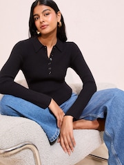 Friends Like These Black Henley Button Detail Knitted Top - Image 2 of 4