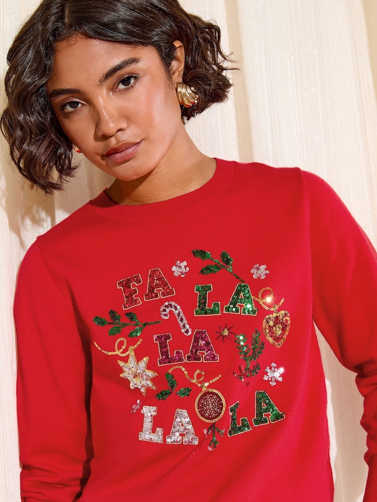 Friends Like These Red Fa La La Christmas Jumper - Image 1 of 5 Friends Like These Red Fa La La Christmas Jumper - Image 1 of 5