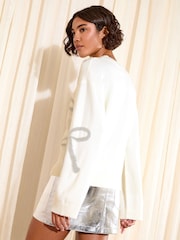 Friends Like These Ivory All Over Tinsel Bow Christmas Jumper - Image 5 of 5