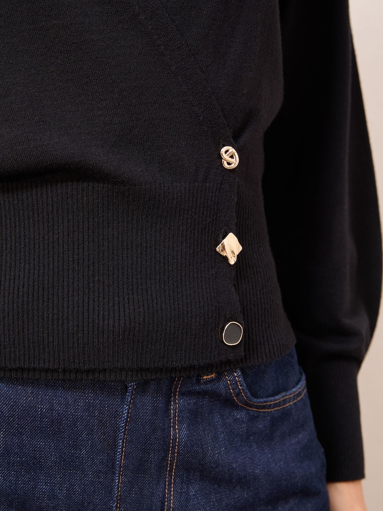 Friends Like These Black Mixed Button Wrap Cardi Jumper - Image 2 of 4 Friends Like These Black Mixed Button Wrap Cardi Jumper - Image 2 of 4