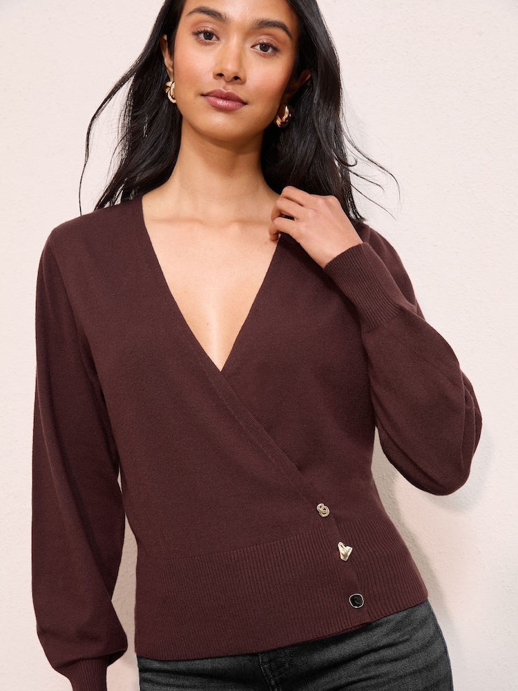 Friends Like These Burgundy Red Mixed Button Wrap Cardi Jumper - Image 1 of 4 Friends Like These Burgundy Red Mixed Button Wrap Cardi Jumper - Image 1 of 4