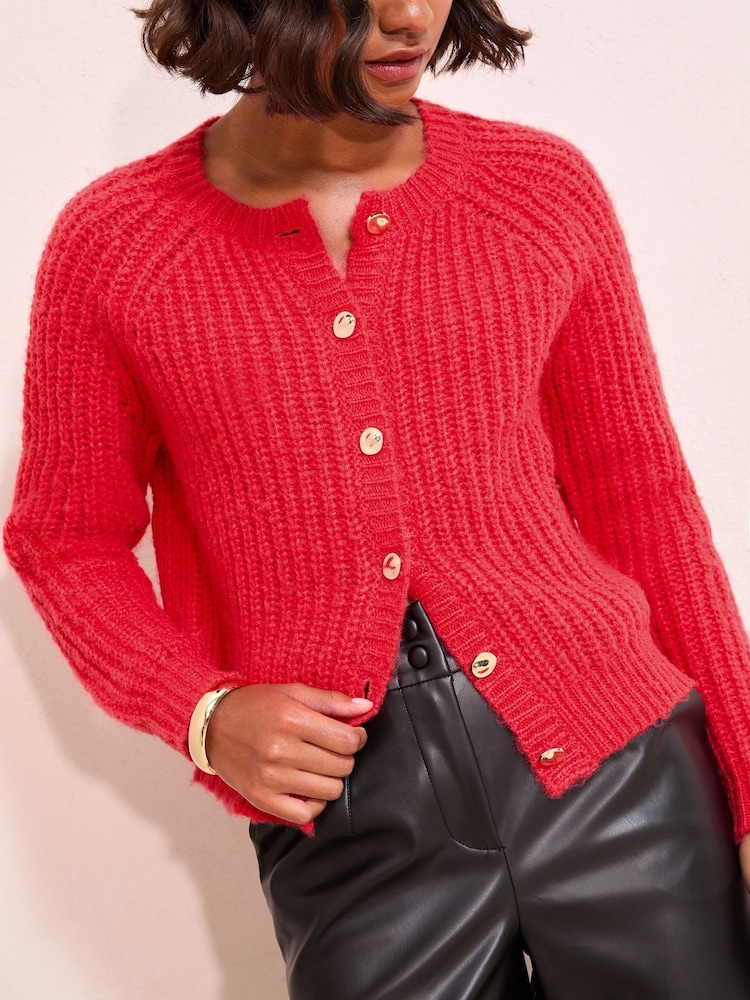 Friends Like These Red Crew Neck Cable Cardigan - Image 1 of 4 Friends Like These Red Crew Neck Cable Cardigan - Image 1 of 4