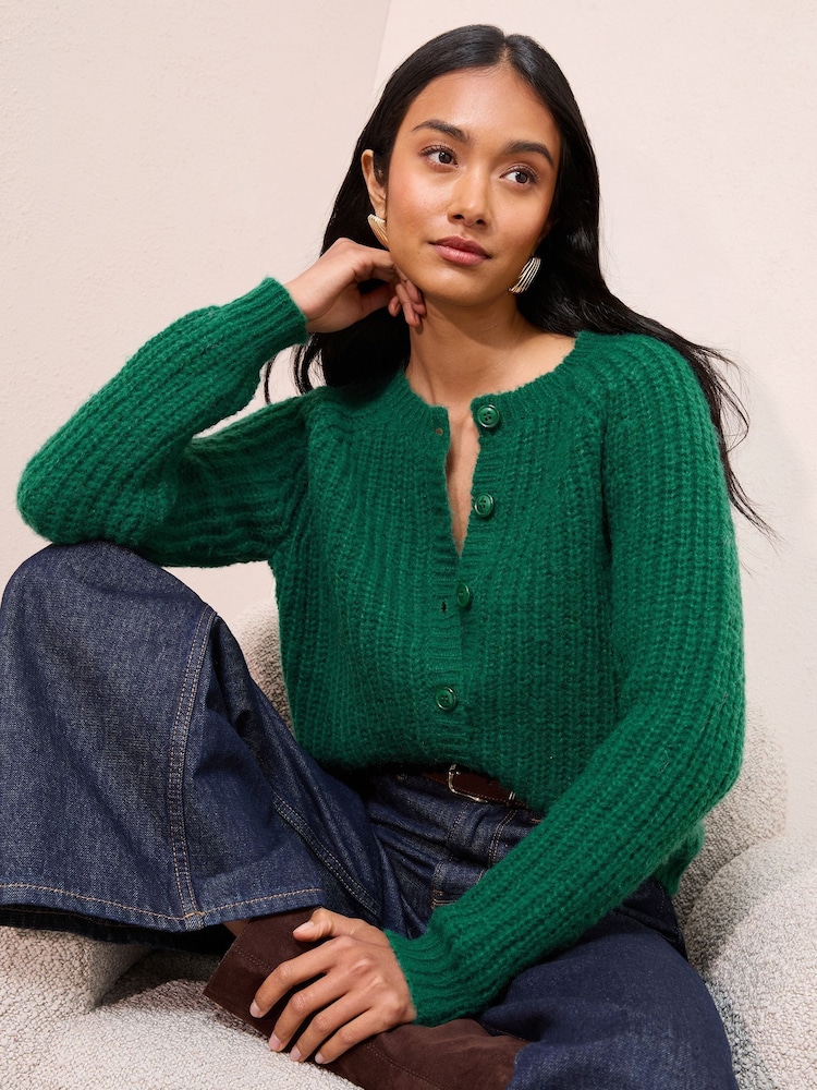 Friends Like These Green Crew Neck Cable Cardigan - Image 1 of 4 Friends Like These Green Crew Neck Cable Cardigan - Image 1 of 4