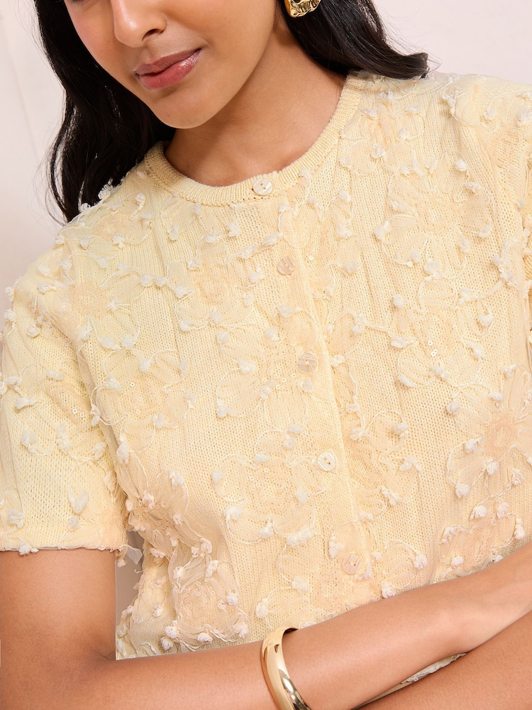 Friends Like These Yellow Woven Floral Overlay Short Sleeve Cardigan - Image 2 of 5