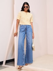 Friends Like These Yellow Woven Floral Overlay Short Sleeve Cardigan - Image 3 of 5