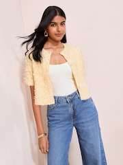 Friends Like These Yellow Woven Floral Overlay Short Sleeve Cardigan - Image 4 of 5