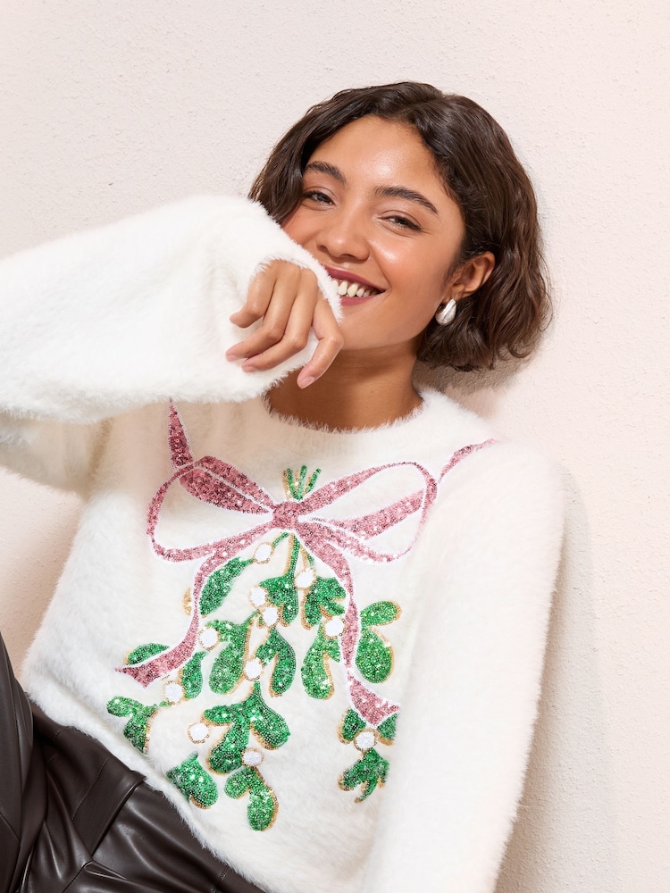 Friends Like These Ivory Eyelash Sequin Mistletoe Jumper - Image 1 of 4