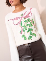 Friends Like These Ivory Eyelash Sequin Mistletoe Jumper - Image 2 of 4