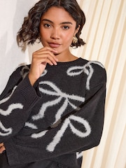 Friends Like These Black All Over Tinsel Bow Christmas Jumper - Image 1 of 5