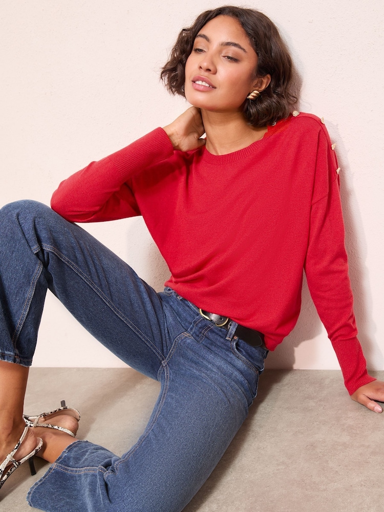 Friends Like These Red Button Shoulder Jumper - Image 1 of 4 Friends Like These Red Button Shoulder Jumper - Image 1 of 4