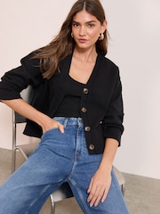 Friends Like These Black V-Neck Exposed Seam Cardigan - Image 1 of 5