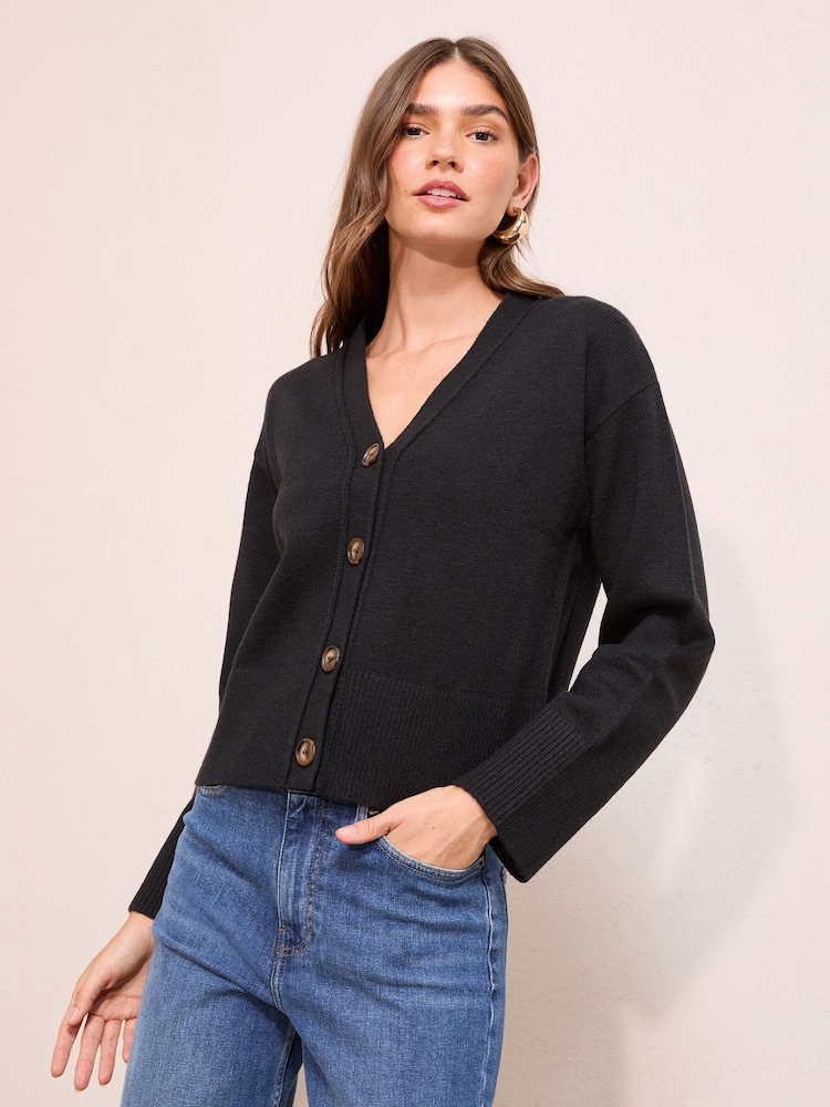 Friends Like These Black V-Neck Exposed Seam Cardigan - Image 2 of 5