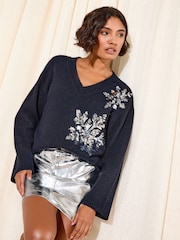 Friends Like These Navy Sequin Snowflake V-Neck Jumper - Image 1 of 4