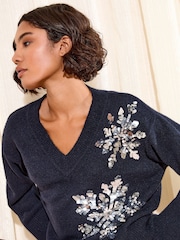 Friends Like These Navy Sequin Snowflake V-Neck Jumper - Image 2 of 4