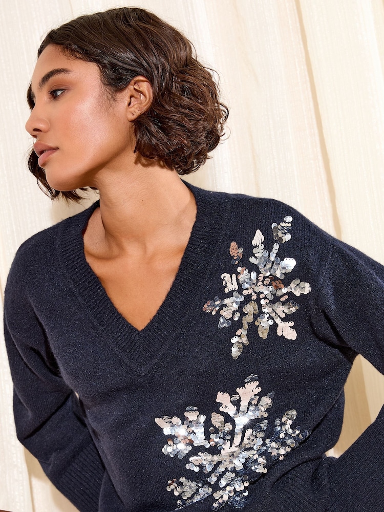 Friends Like These Navy Sequin Snowflake V-Neck Jumper - Image 2 of 4