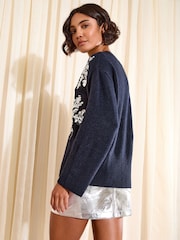 Friends Like These Navy Sequin Snowflake V-Neck Jumper - Image 4 of 4