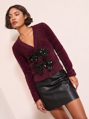Friends Like These Burgundy Red Sequin Bow Eyelash Cardigan - Image 1 of 5