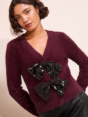 Friends Like These Burgundy Red Sequin Bow Eyelash Cardigan - Image 2 of 5