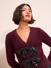 Friends Like These Burgundy Red Sequin Bow Eyelash Cardigan - Image 4 of 5