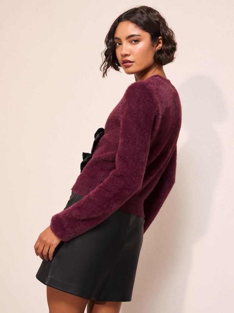 Friends Like These Burgundy Red Sequin Bow Eyelash Cardigan - Image 5 of 5