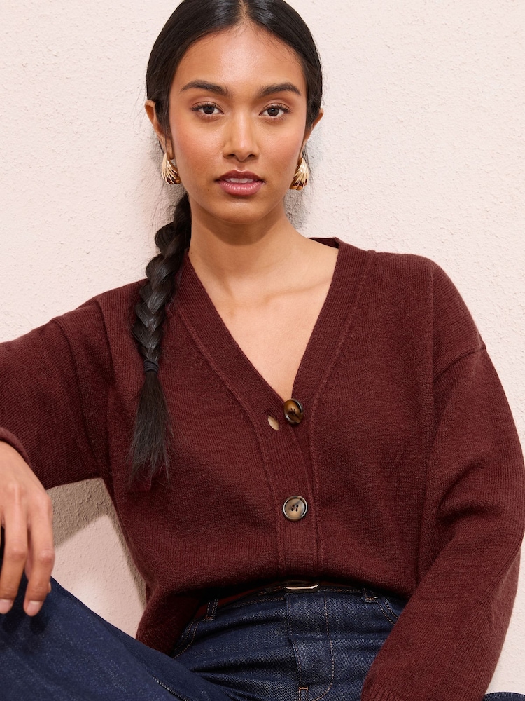 Friends Like These Berry Red V-Neck Exposed Seam Cardigan - Image 1 of 4