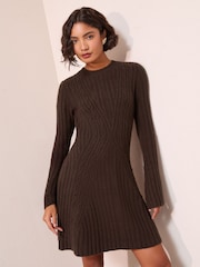 Friends Like These Brown Rib Detail Long Sleeve Mini Dress - Image 1 of 5