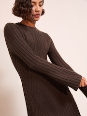 Friends Like These Brown Rib Detail Long Sleeve Mini Dress - Image 2 of 5