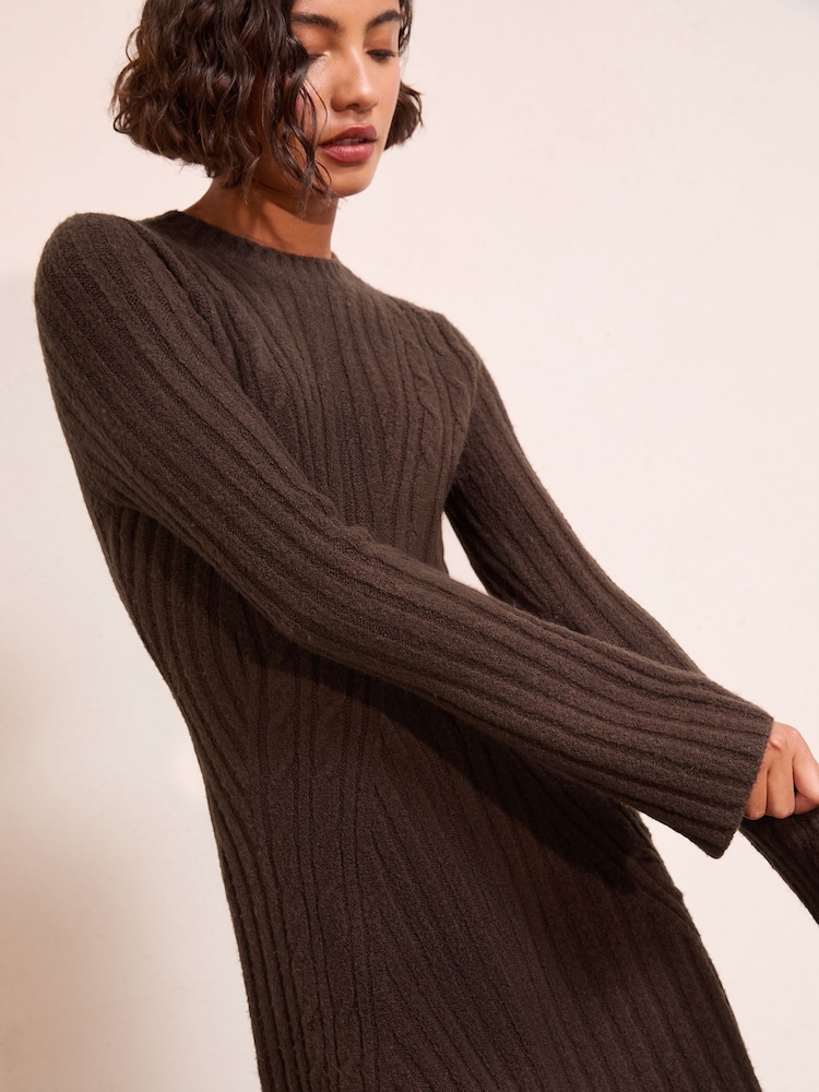 Friends Like These Brown Rib Detail Long Sleeve Mini Dress - Image 2 of 5
