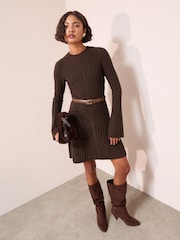 Friends Like These Brown Rib Detail Long Sleeve Mini Dress - Image 3 of 5