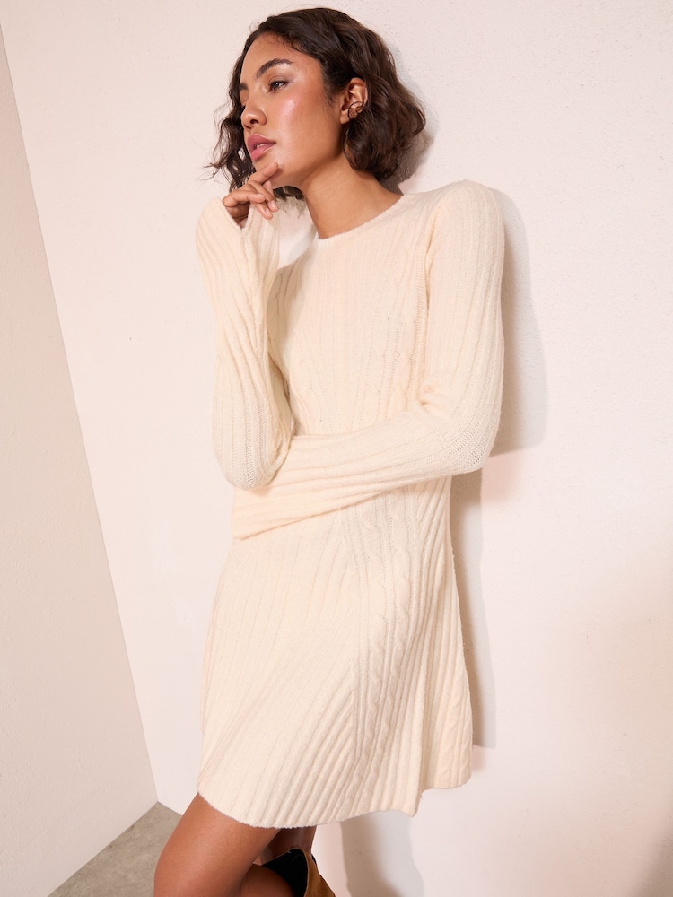 Friends Like These Ivory Rib Detail Long Sleeve Mini Dress - Image 2 of 4