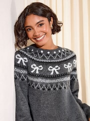 Friends Like These Grey Fairisle Bow Mini Dress - Image 2 of 4