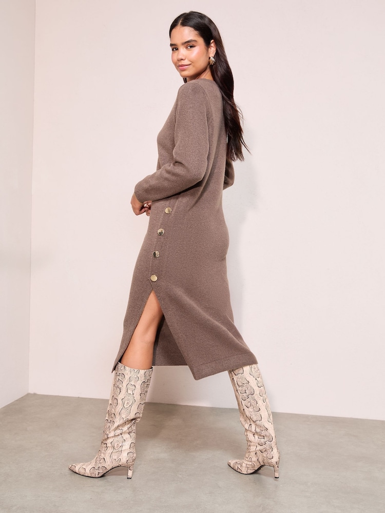 Friends Like These Neutral Statement Button Knitted Maxi Dress - Image 2 of 4