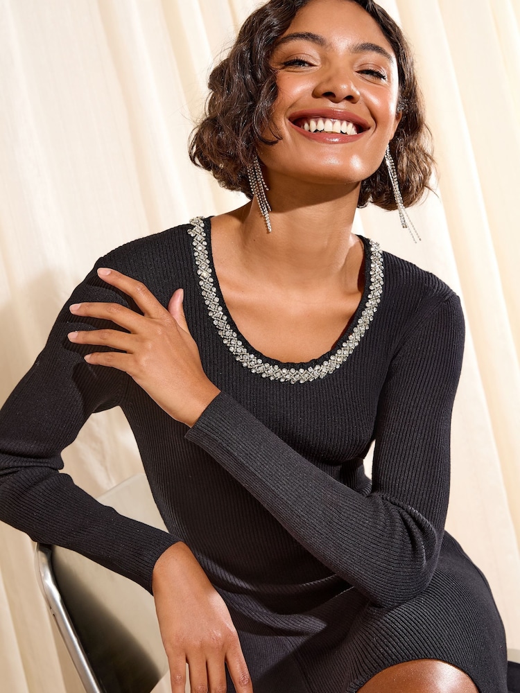 Friends Like These Black Embellished Neckline Mini Dress - Image 2 of 4
