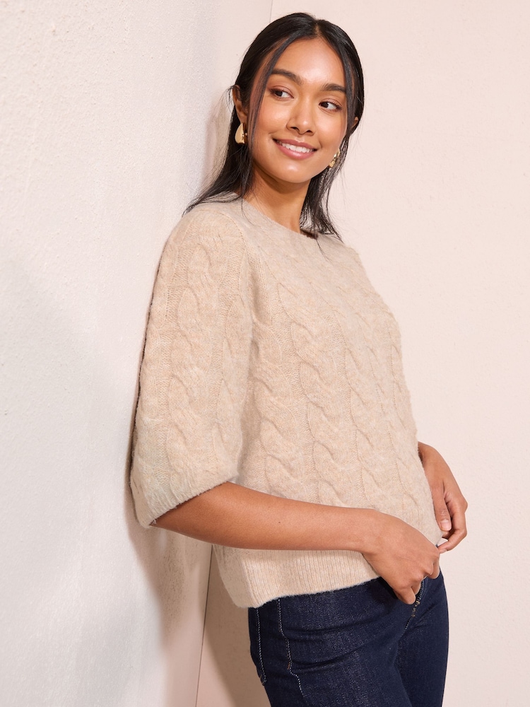 Friends Like These Neutral Petite Cable Knitted T-Shirt - Image 1 of 5 Friends Like These Neutral Petite Cable Knitted T-Shirt - Image 1 of 5