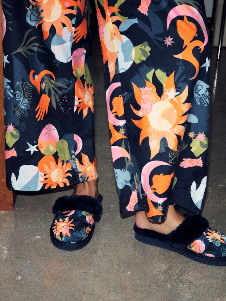 Never Fully Dressed Multi Navy Quilted Faux Fur Lined Mule Slippers - Image 3 of 3