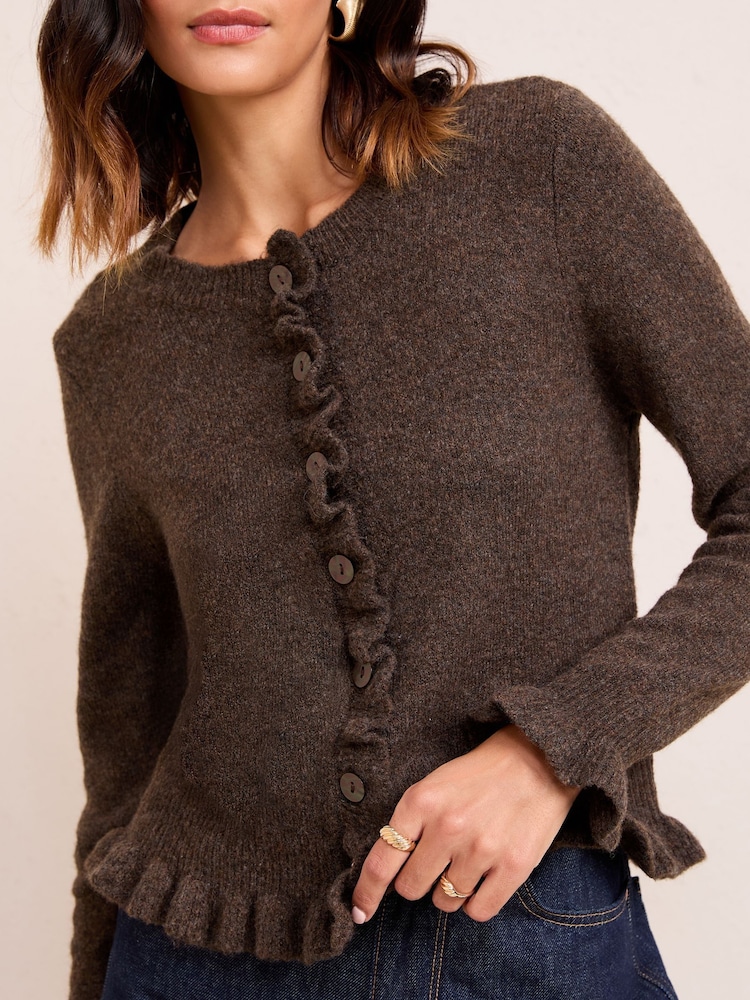 Friends Like These Brown Petite Ruffle Detail Cardigan - Image 1 of 4